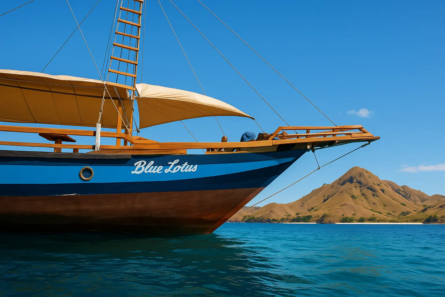Blue Lotus, a traditional Phinisi liveaboard anchored in Komodo National Park with Rinca Island in the background.