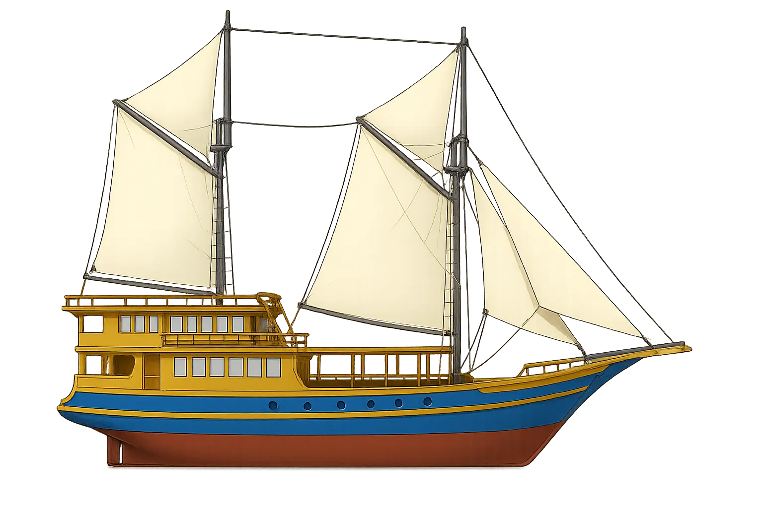 Illustrated Profile – Blue Lotus Phinisi Liveaboard Digital illustration of the Blue Lotus Phinisi liveaboard with full sails, blue trim, and three-tiered teak structure.
